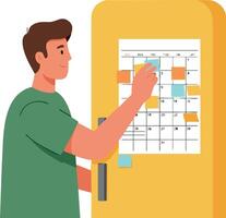 Man organizing calendar with sticky notes on yellow fridge door daily planning vector