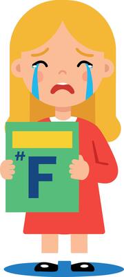 Sad girl holding failed grade F test paper crying illustration