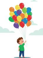 Boy holding colorful balloons smiling happily with clouds in background illustration vector
