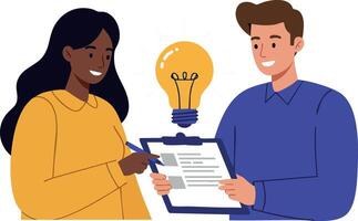 Diverse business team discussing ideas with clipboard and glowing light bulb illustration vector