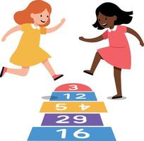 Children playing hopscotch game with colorful numbered squares and joyful expressions illustration vector