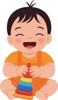 Happy baby playing with colorful stacking toy illustration smiling infant joy vector
