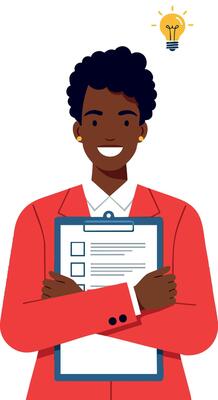 Confident businesswoman holding clipboard with light bulb idea concept illustration