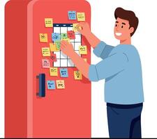 Man organizing colorful sticky notes on red refrigerator calendar for home planning vector