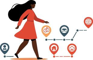 Woman walking with location markers and connection symbols in illustration vector