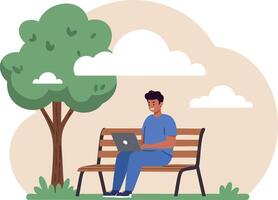 Man Sitting on Park Bench Using Laptop Near Tree and Clouds Illustration vector