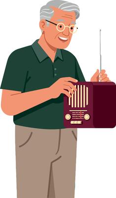 Elderly man listening to vintage radio enjoying leisure time at home illustration