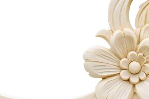 Intricately Carved Floral Design in Wood with Delicate Petals and Leaves Against a White Background for Elegant Decor or Craft Projects photo