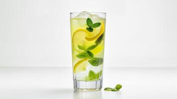 Refreshing Lemonade With Ice On White Background photo
