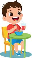 Happy boy eating breakfast cereal with glass of juice at table in colorful room illustration vector