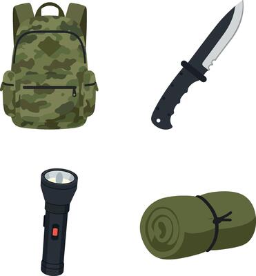 Camping gear set with camouflage backpack knife flashlight and rolled mat illustration2