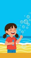 Child blowing bubbles at beach with blue sky and ocean background illustration vector