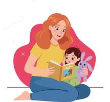 Mother Reading Storybook to Child Holding Bunny Toy Illustration for Family Bonding and Early Learning vector