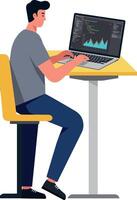 Man Analyzing Data on Laptop Screen Sitting at Table Illustration vector