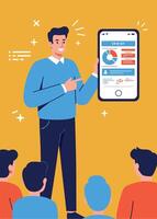 Businessman presenting financial data on smartphone screen to audience in modern style vector