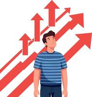 Young man looking at red upward arrows symbolizing growth and success illustration vector
