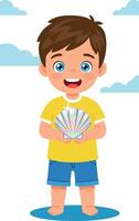 Boy holding seashell on beach summer scene with blue sky and clouds vector