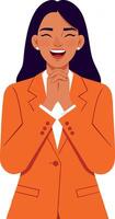 Woman in orange blazer smiling and clasping hands happy expression illustration vector