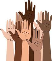 Raised hands diverse skin tones group unity and support illustration image vector