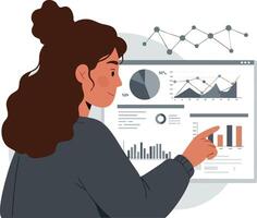 Woman analyzing business data charts and graphs on digital display illustration vector