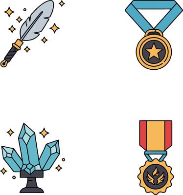 Magical feather wand crystal cluster and achievement medals icons set
