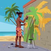 Man spray painting colorful graffiti art on wall by beach with palm trees illustration vector