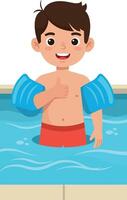 Boy Swimming in Pool with Blue Arm Floaties Enjoying Water Activity Summer Fun vector