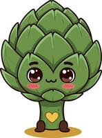 Cute green artichoke character with sad expression and heart symbol illustration vector