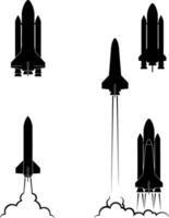 Space shuttle launch silhouette set for aerospace and technology design vector