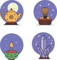 Traditional tea set with teapot, whisk, bowl, and crystal cluster natural elements vector