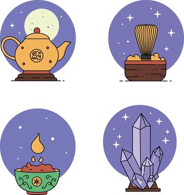 Traditional tea set with teapot, whisk, bowl, and crystal cluster natural elements
