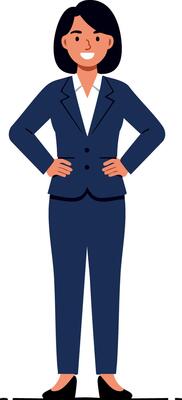 Confident businesswoman standing with hands on hips in formal navy suit illustration