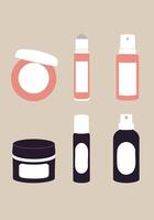 Beauty product containers set with spray and cream jars in soft beige background illustration vector