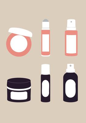 Beauty product containers set with spray and cream jars in soft beige background illustration