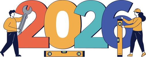 2026 Year Number Construction Workers Using Tools Illustration Design vector