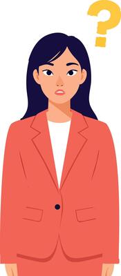 Confused businesswoman with question mark above head in red jacket illustration