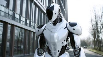 A white robot standing in front of a building photo