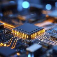 Close up of electronic circuit board with glowing lights photo