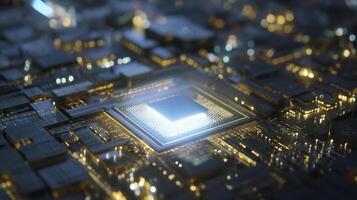 A computer chip is shown in the middle of a city photo