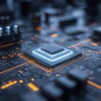 close up of a computer chip on a motherboard photo