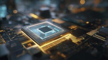 A close up of a computer chip on a motherboard for new technology photo