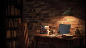 A desk with a laptop and books on it photo
