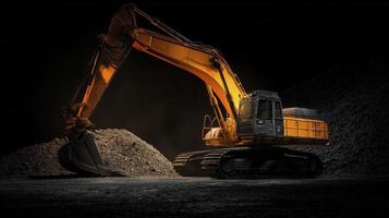 A large excavator is standing in front of a pile of dirt photo