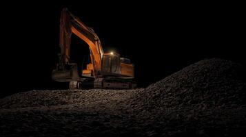 An excavator is standing in front of a pile of gravel photo