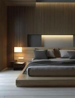 Modern bedroom with wooden walls and a bed photo