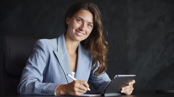 A woman in a business suit is sitting at a desk and writing on a tablet photo