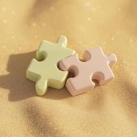 Two puzzle pieces on the sand with the sun shining on them photo