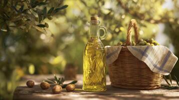 Olive oil in a basket and a bottle on the table photo