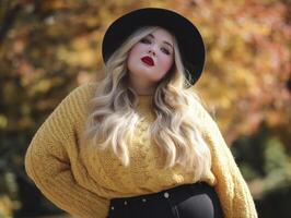 woman in yellow sweater and black hat stands confidently amidst autumn foliage photo