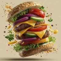 A juicy burger levitates with delicious toppings looks mouthwatering and delightful, ready for bite to eat on an isolated background photo